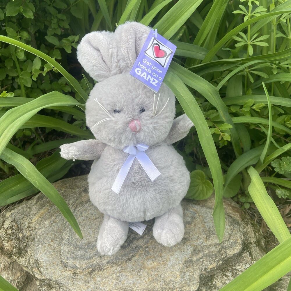 Ganz Gray Bunny Rabbit 9" Plush Stuffed Animal Pink Bow Imperfect